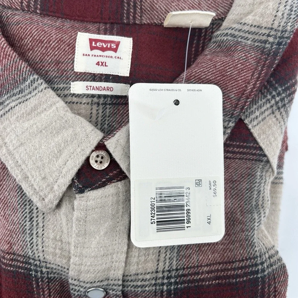 Levi's Standard The Western 4XL Pearl Snap Red Beige Flannel Big &‎ Tall NWT!